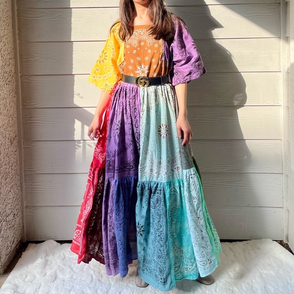 Rainbow | Handmade Earthy Voluminous Maxi Bandana Dress SKU 04294 - Picture 9 of 16